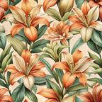 orange flowers, peach blooms, coral petals, green leaves, cream background, botanical pattern, lily flowers, tropical florals, art nouveau style, seamless design,, fabric panel, nature motif, warm tones, floral illustration, orange stamens, leafy foliage, vintage botanical, repeating pattern