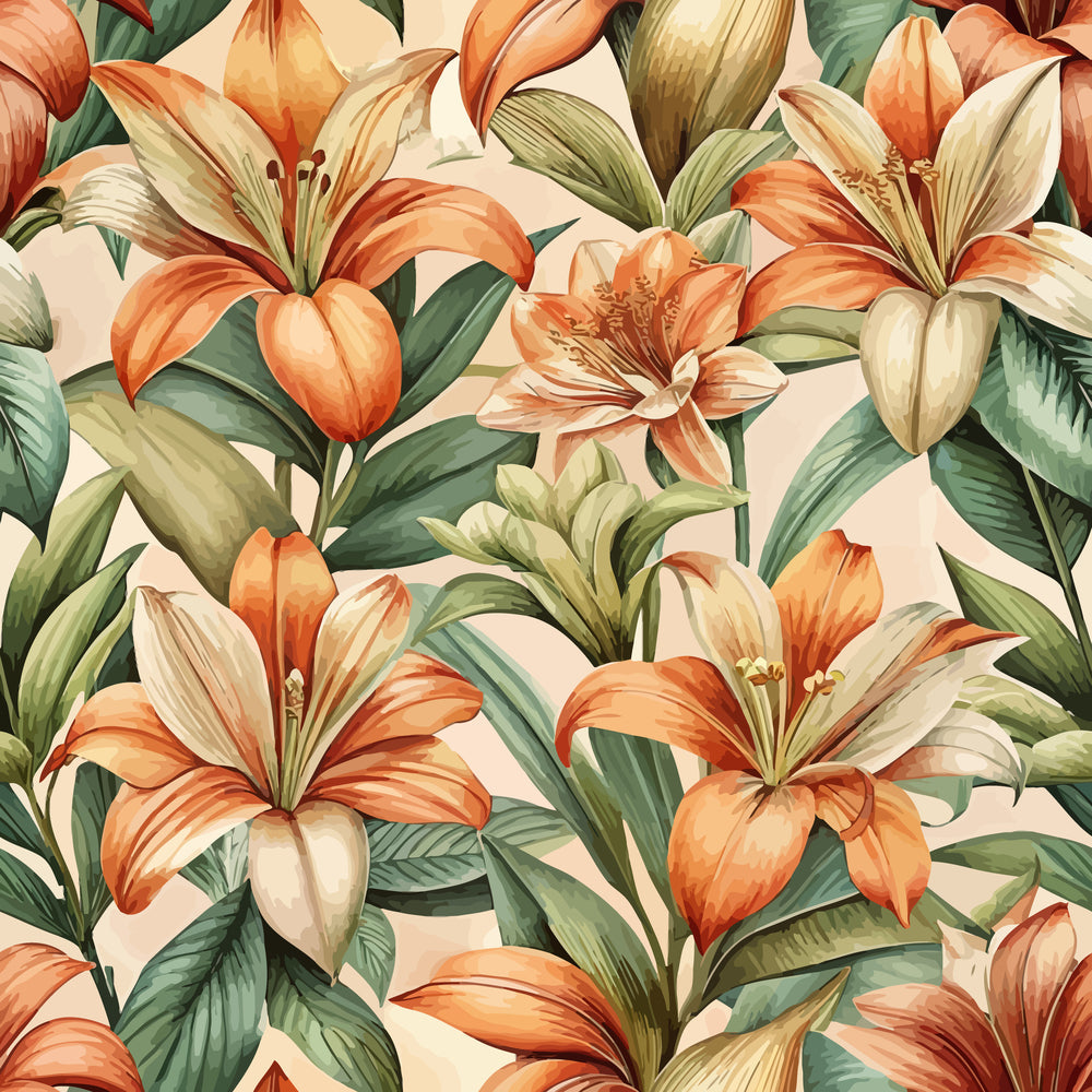 orange flowers, peach blooms, coral petals, green leaves, cream background, botanical pattern, lily flowers, tropical florals, art nouveau style, seamless design,, fabric panel, nature motif, warm tones, floral illustration, orange stamens, leafy foliage, vintage botanical, repeating pattern