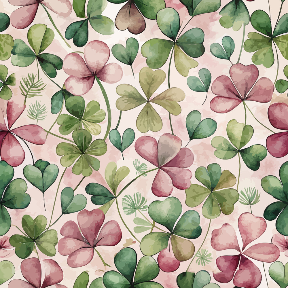 clover pattern, shamrock design, watercolor style, green leaves, pink flowers, sage green, dusty rose, olive green, botanical motif, nature inspired,, fabric panel, soft pastels, delicate florals, art nouveau, organic shapes, spring colors, lucky charms, irish symbols, whimsical design