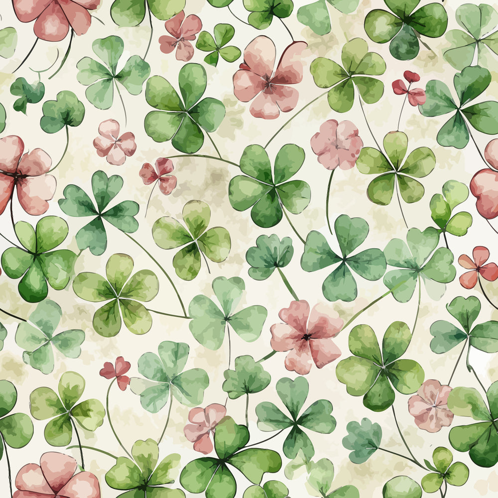 watercolor clovers, shamrock pattern, green leaves, pink flowers, sage green, dusty rose, cream background, botanical design, nature motif, four leaf clover,, fabric panel, delicate florals, soft pastels, seamless repeat, organic shapes, spring theme, lucky charms, hand painted style, art nouveau