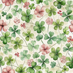 watercolor clovers, shamrock pattern, green leaves, pink flowers, sage green, dusty rose, cream background, botanical design, nature motif, four leaf clover,, fabric panel, delicate florals, soft pastels, seamless repeat, organic shapes, spring theme, lucky charms, hand painted style, art nouveau