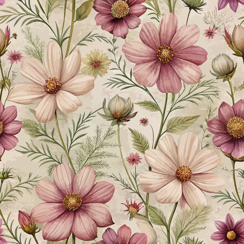 cosmos flowers, art nouveau, floral pattern, pink petals, cream background, botanical design,, fabric panel, delicate blooms, green foliage, vintage style, soft pastels, mauve tones, golden centers, natural motifs, romantic florals, seamless repeat, feminine design, garden flowers, watercolor effect