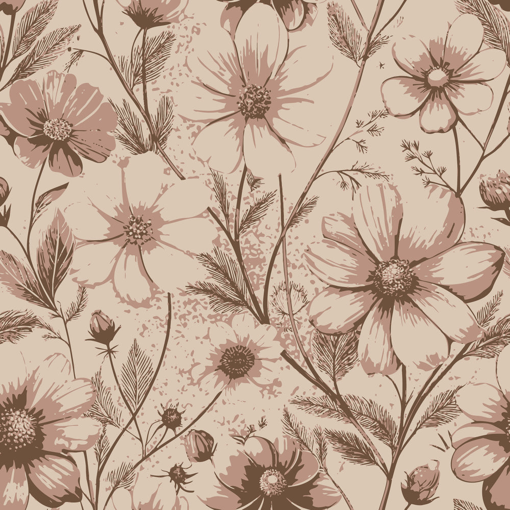 beige, taupe, brown, cream, cosmos flowers, floral pattern, botanical design, art nouveau style, vintage aesthetic,, fabric panel, delicate blooms, nature motif, monochromatic, earthy tones, flowing stems, organic shapes, repeating pattern, soft palette, elegant florals