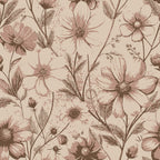 beige, taupe, brown, cream, cosmos flowers, floral pattern, botanical design, art nouveau style, vintage aesthetic,, fabric panel, delicate blooms, nature motif, monochromatic, earthy tones, flowing stems, organic shapes, repeating pattern, soft palette, elegant florals