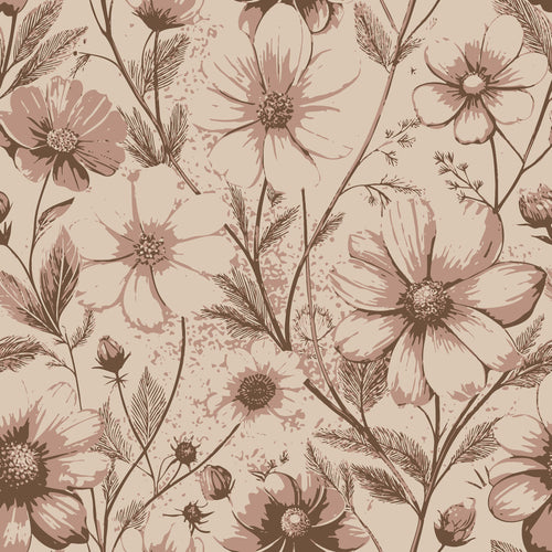 beige, taupe, brown, cream, cosmos flowers, floral pattern, botanical design, art nouveau style, vintage aesthetic,, fabric panel, delicate blooms, nature motif, monochromatic, earthy tones, flowing stems, organic shapes, repeating pattern, soft palette, elegant florals