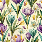 purple, teal, yellow, cream, green, crocus flowers, spring blooms, botanical pattern, watercolor style, floral design, art nouveau,, fabric panel, nature motif, garden flowers, soft pastels, repeating pattern, delicate petals, leaves and stems, springtime theme