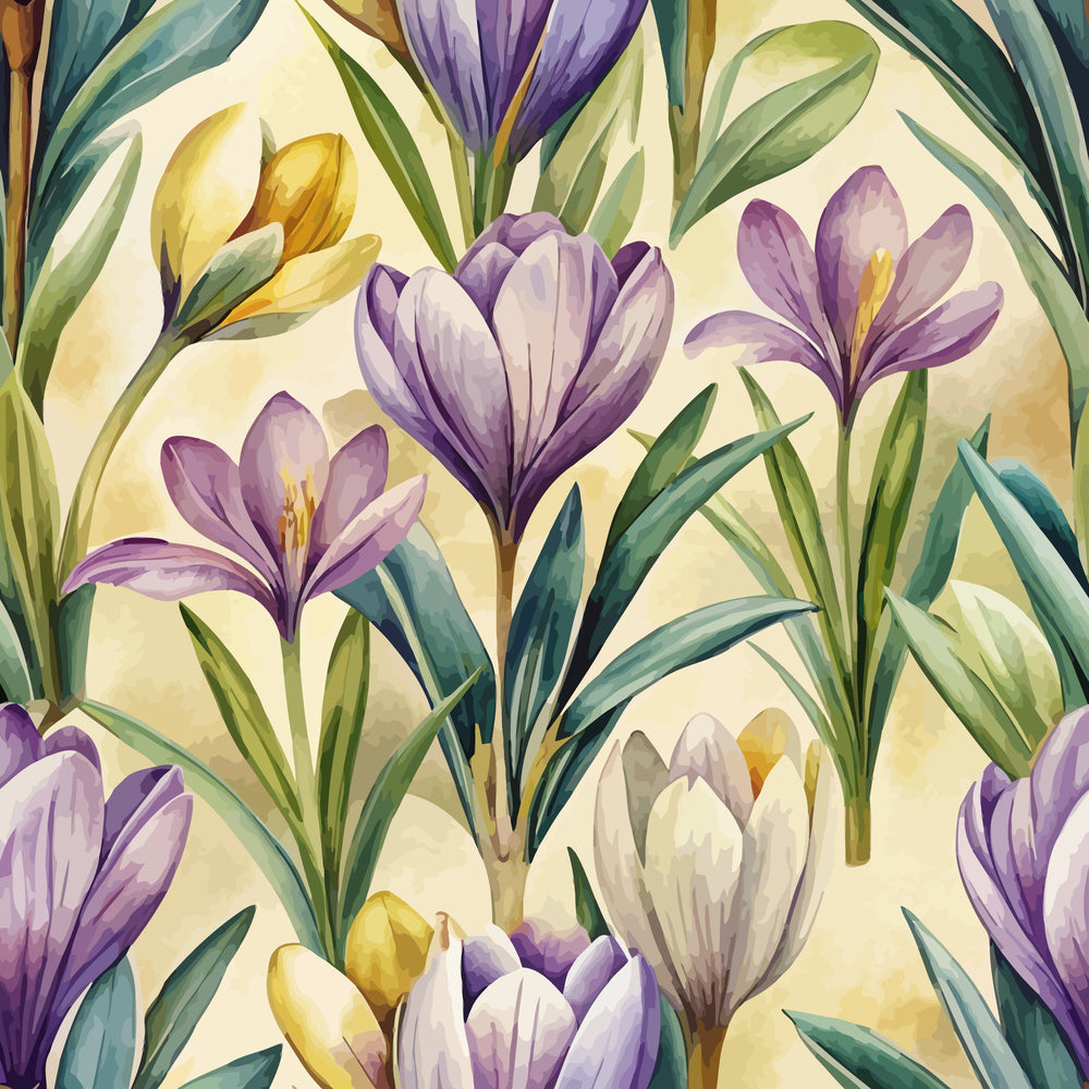 purple, yellow, cream, green, crocus flowers, spring bulbs, botanical pattern, art nouveau style, watercolor effect, floral design,, fabric panel, nature motif, garden flowers, delicate petals, organic shapes, soft pastels, flowing lines, vintage inspired, blooming flowers