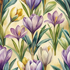purple, yellow, cream, green, crocus flowers, spring bulbs, botanical pattern, art nouveau style, watercolor effect, floral design,, fabric panel, nature motif, garden flowers, delicate petals, organic shapes, soft pastels, flowing lines, vintage inspired, blooming flowers