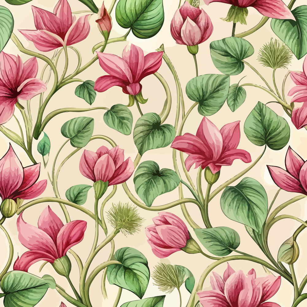 pink flowers, cyclamen blooms, green leaves, botanical pattern, art nouveau style, flowing vines, cream background, floral design,, fabric panel, curved stems, nature motif, decorative florals, organic lines, pink petals, leaf veins, seamless repeat, elegant florals, vintage inspired, botanical illustration