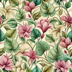 art nouveau, cyclamen flowers, floral pattern, botanical design, pink blossoms, green leaves, cream background,, fabric panel, nature motif, flowing vines, organic shapes, decorative florals, pink petals, foliage, seamless repeat, vintage style, garden flowers, romantic mood