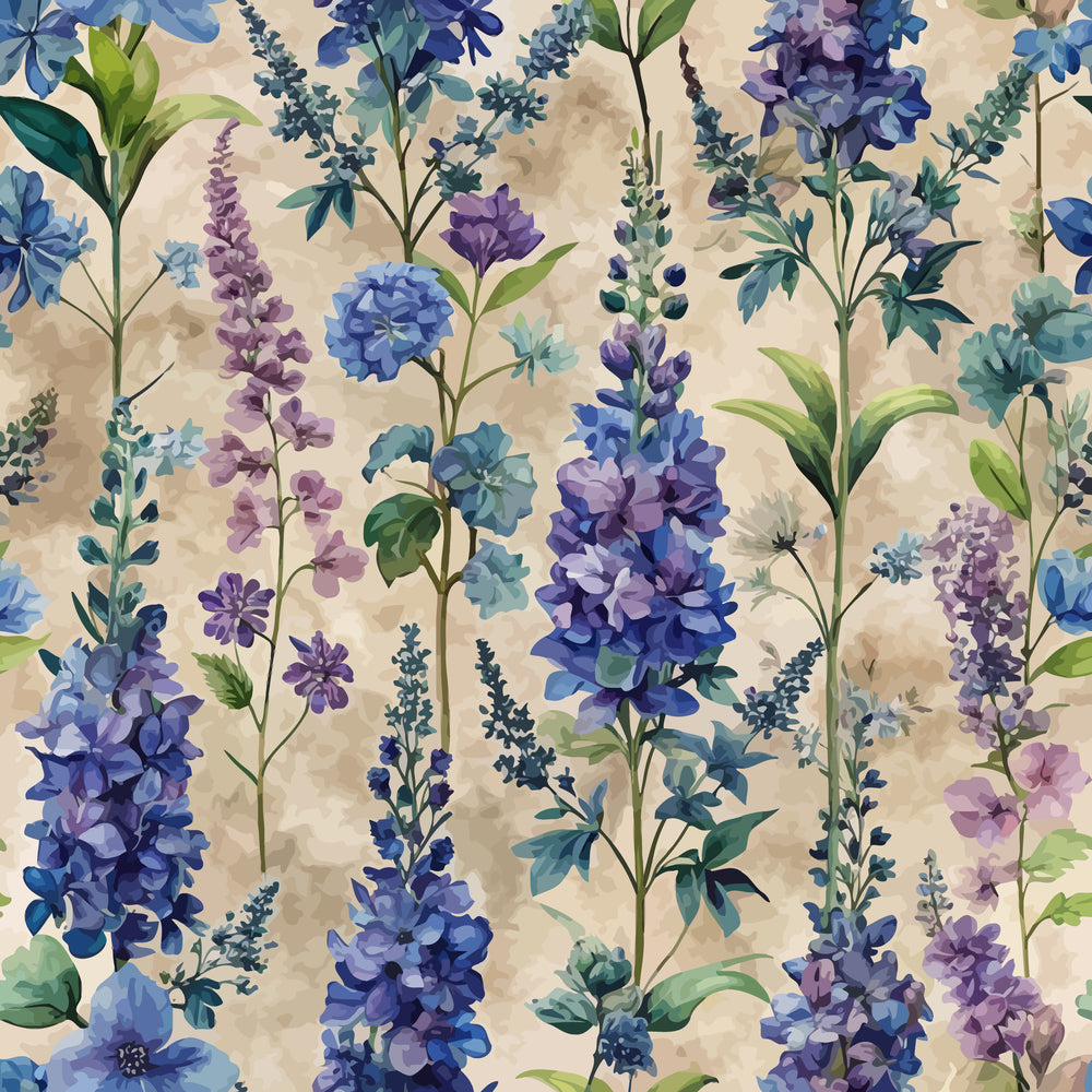 art nouveau, delphiniums, floral pattern, purple flowers, blue blooms, lavender spikes, botanical design, watercolor style, cream background, beige backdrop,, fabric panel, garden flowers, tall flower spikes, green foliage, soft pastels, repeating pattern, cottage garden, perennial flowers, wildflower meadow