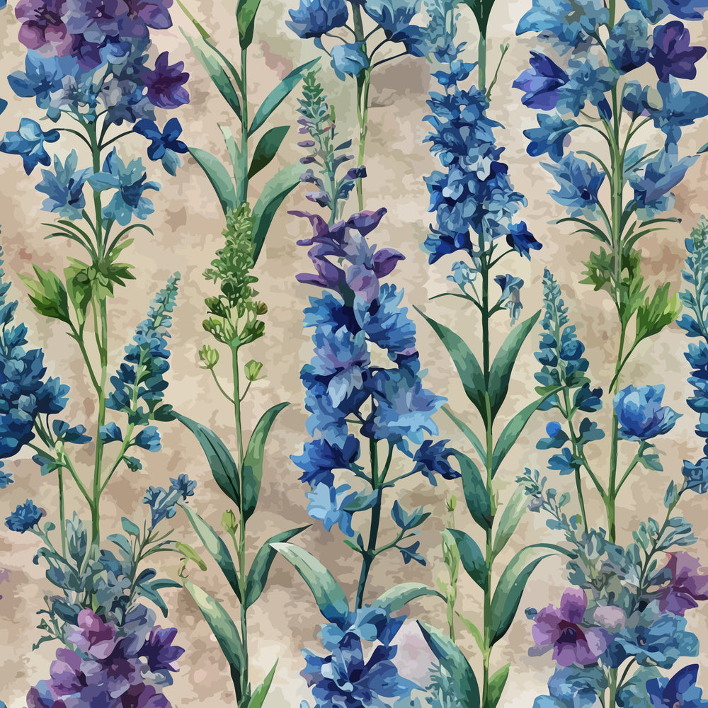 delphinium flowers, blue florals, purple blooms, watercolor style, botanical pattern, art nouveau design,, fabric panel, garden flowers, spike flowers, green stems, beige background, floral motifs, nature inspired, cottage garden, perennial flowers, textile design, crafting fabric, sewing material