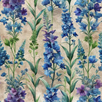 delphinium flowers, blue florals, purple blooms, watercolor style, botanical pattern, art nouveau design,, fabric panel, garden flowers, spike flowers, green stems, beige background, floral motifs, nature inspired, cottage garden, perennial flowers, textile design, crafting fabric, sewing material