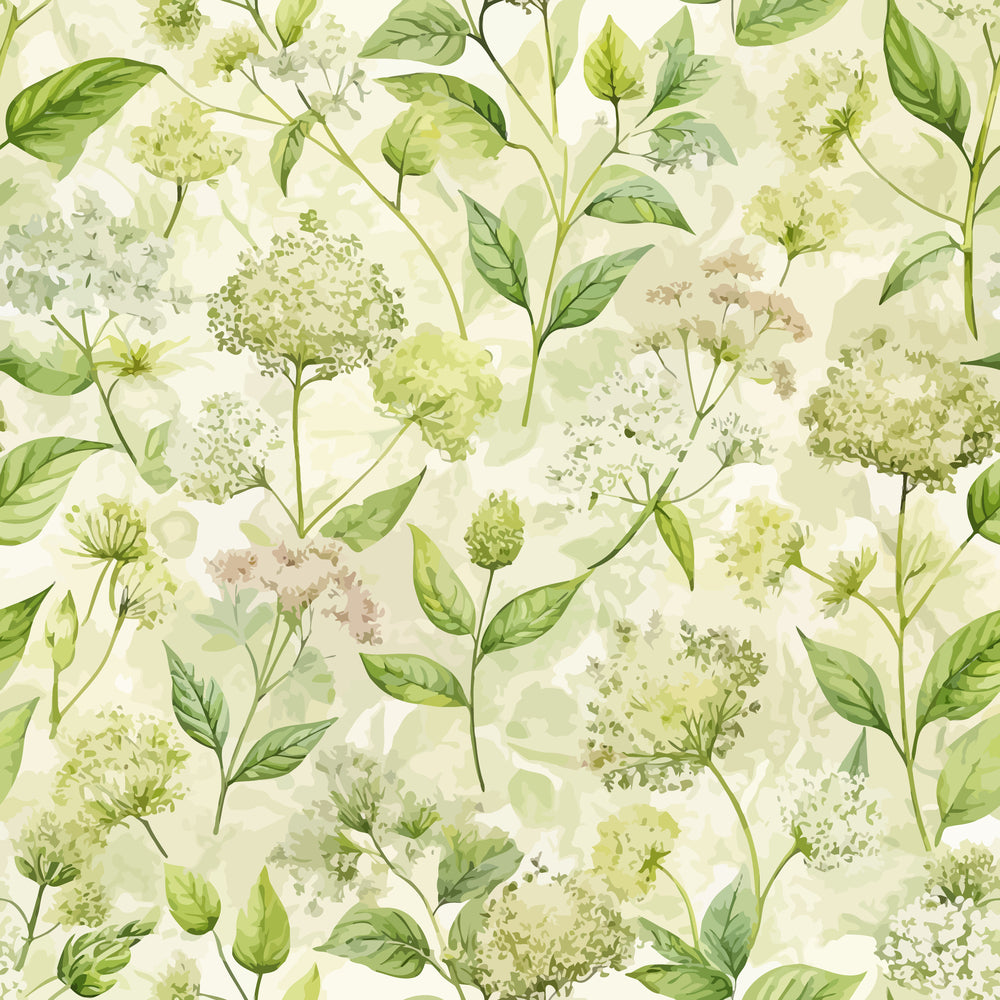 elderflowers, botanical pattern, green leaves, cream background, watercolor style, floral design, nature motif,, fabric panel, delicate flowers, soft pastels, organic shapes, garden theme, spring flowers, art nouveau, repeating pattern, natural elements, vintage aesthetic, botanical illustration, muted tones