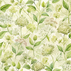 elderflowers, botanical pattern, green leaves, cream background, watercolor style, floral design, nature motif,, fabric panel, delicate flowers, soft pastels, organic shapes, garden theme, spring flowers, art nouveau, repeating pattern, natural elements, vintage aesthetic, botanical illustration, muted tones