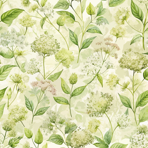 elderflowers, botanical pattern, green leaves, cream background, watercolor style, floral design, nature motif,, fabric panel, delicate flowers, soft pastels, organic shapes, garden theme, spring flowers, art nouveau, repeating pattern, natural elements, vintage aesthetic, botanical illustration, muted tones
