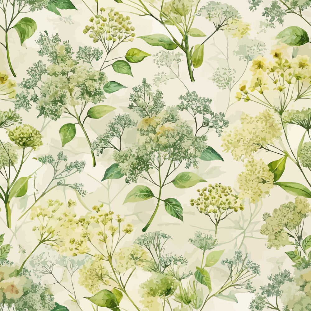 elderflowers, botanical pattern, sage green, cream background, yellow green, soft pastels, delicate florals, watercolor style,, fabric panel, nature motif, floral clusters, leaves and stems, art nouveau, organic design, spring flowers, gentle colors, repeating pattern, cotton fabric, botanical illustration