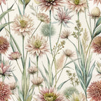 cream background, sage green, dusty pink, mauve, botanical pattern, wildflowers, thistle blooms, grass stems, watercolor style, art nouveau, delicate florals, meadow flowers,, fabric panel, soft pastels, nature motif, flowing stems, artistic illustration, prairie grass, vintage floral