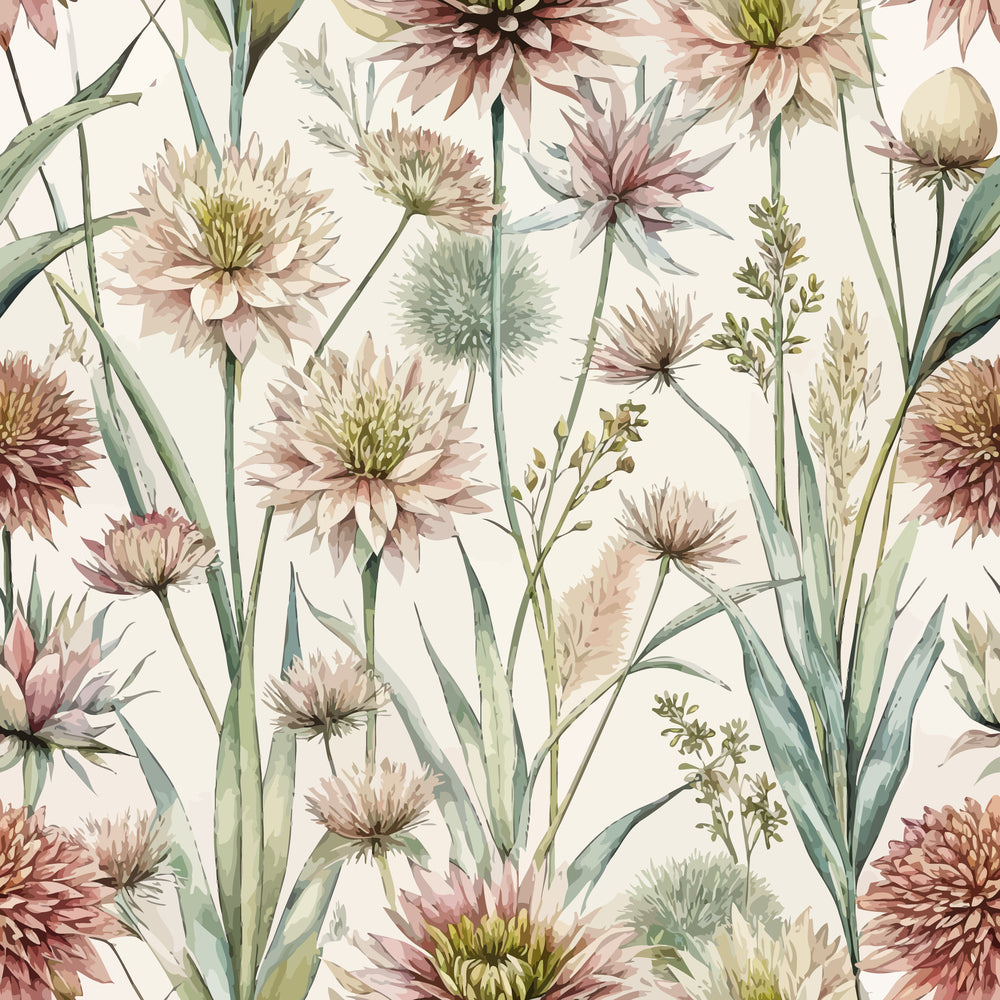 cream background, sage green, dusty pink, mauve, botanical pattern, wildflowers, thistle blooms, grass stems, watercolor style, art nouveau, delicate florals, meadow flowers,, fabric panel, soft pastels, nature motif, flowing stems, artistic illustration, prairie grass, vintage floral