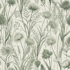 sage green, cream background, botanical pattern, flowering rush, wildflowers, tall grasses, watercolor style, nature motif, delicate stems, art nouveau,, fabric panel, soft tones, meadow plants, organic design, flowing movement, vintage botanical, muted palette, natural elements