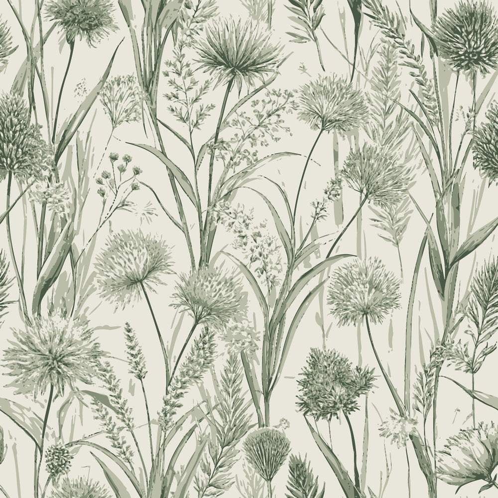sage green, cream background, botanical pattern, flowering rush, wildflowers, tall grasses, watercolor style, nature motif, delicate stems, art nouveau,, fabric panel, soft tones, meadow plants, organic design, flowing movement, vintage botanical, muted palette, natural elements