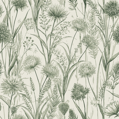 sage green, cream background, botanical pattern, flowering rush, wildflowers, tall grasses, watercolor style, nature motif, delicate stems, art nouveau,, fabric panel, soft tones, meadow plants, organic design, flowing movement, vintage botanical, muted palette, natural elements