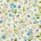 forget-me-nots, blue flowers, watercolor style, botanical pattern, floral design, cream background, green leaves, delicate blooms,, fabric panel, soft pastels, nature motif, spring flowers, art nouveau, flowing stems, feminine aesthetic, cottage core, vintage inspired, seamless repeat