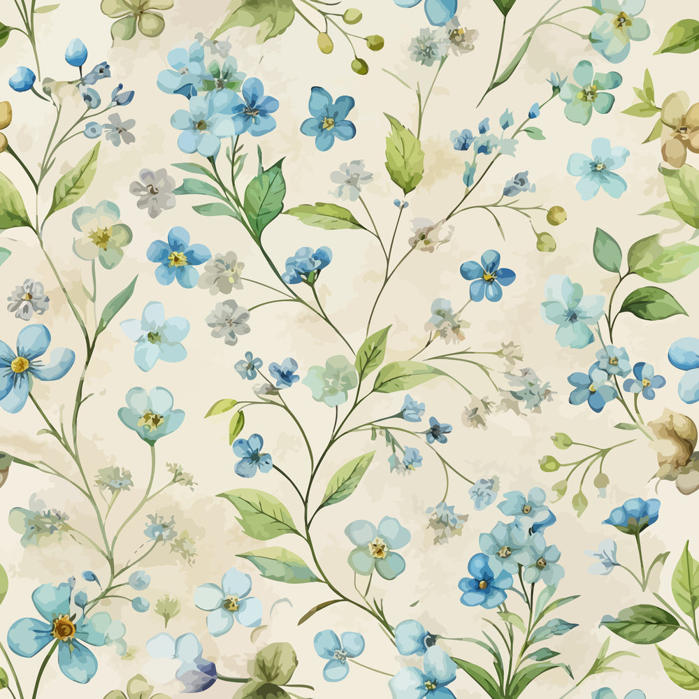 forget-me-nots, blue flowers, watercolor style, botanical pattern, floral design, cream background, green leaves, delicate blooms,, fabric panel, soft pastels, nature motif, spring flowers, art nouveau, flowing stems, feminine aesthetic, cottage core, vintage inspired, seamless repeat