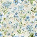 forget me nots, blue flowers, botanical pattern, watercolor style, cream background, green leaves, floral motif, delicate blooms, soft pastels,, fabric panel, nature inspired, art nouveau, romantic florals, spring flowers, seamless repeat, vintage botanical, cottage garden, small florals