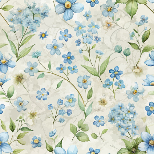 forget me nots, blue flowers, botanical pattern, watercolor style, cream background, green leaves, floral motif, delicate blooms, soft pastels,, fabric panel, nature inspired, art nouveau, romantic florals, spring flowers, seamless repeat, vintage botanical, cottage garden, small florals