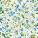 forget me nots, blue flowers, watercolor style, botanical pattern, green leaves, yellow centers, floral design, art nouveau,, fabric panel, delicate blooms, nature motif, soft pastels, cream background, spring flowers, organic shapes, flowing stems, cottage garden, vintage inspired, seamless pattern