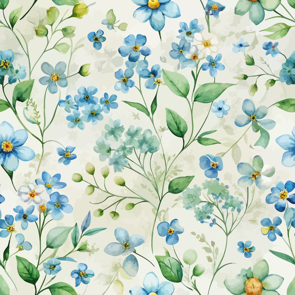 forget me nots, blue flowers, watercolor style, botanical pattern, green leaves, yellow centers, floral design, art nouveau,, fabric panel, delicate blooms, nature motif, soft pastels, cream background, spring flowers, organic shapes, flowing stems, cottage garden, vintage inspired, seamless pattern