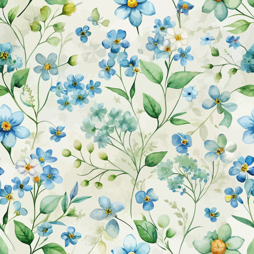 forget me nots, blue flowers, watercolor style, botanical pattern, green leaves, yellow centers, floral design, art nouveau,, fabric panel, delicate blooms, nature motif, soft pastels, cream background, spring flowers, organic shapes, flowing stems, cottage garden, vintage inspired, seamless pattern