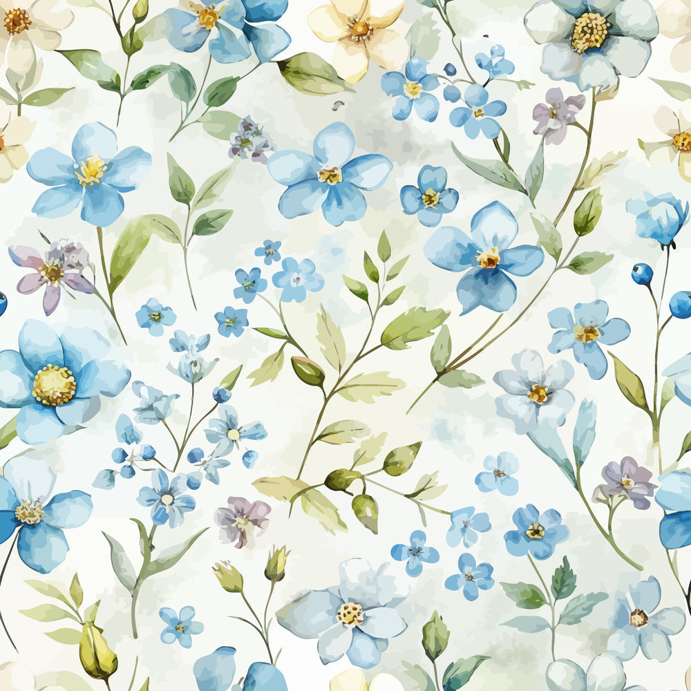 pale blue flowers, forget me nots, watercolor style, delicate blooms, green leaves, cream background, floral pattern, botanical design, soft pastels, yellow centers, purple accents, art nouveau,, fabric panel, spring flowers, romantic florals, feminine design, gentle mood, nature motifs