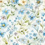 pale blue flowers, forget me nots, watercolor style, delicate blooms, green leaves, cream background, floral pattern, botanical design, soft pastels, yellow centers, purple accents, art nouveau,, fabric panel, spring flowers, romantic florals, feminine design, gentle mood, nature motifs