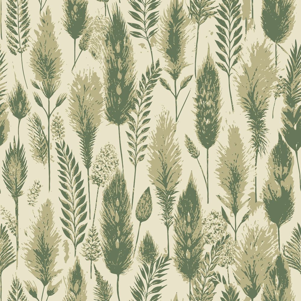 sage green, olive green, cream background, botanical pattern, grass stems, wheat stalks, foxtail grass, nature motif, art nouveau style, organic shapes, meadow plants, earthy tones, prairie grass, wildflower stems,, fabric panel, natural elements, botanical illustration, muted colors, scattered design