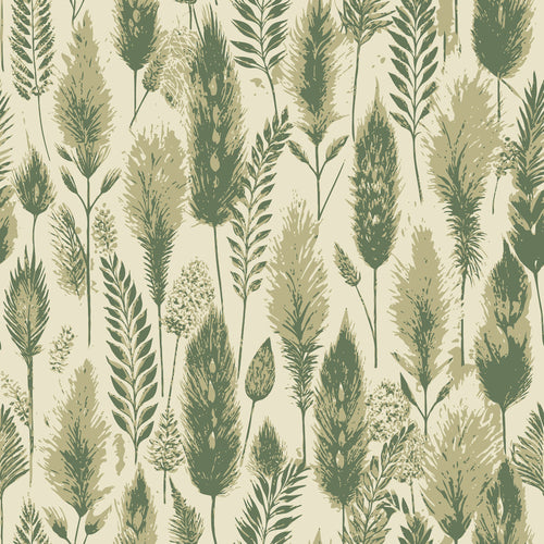 sage green, olive green, cream background, botanical pattern, grass stems, wheat stalks, foxtail grass, nature motif, art nouveau style, organic shapes, meadow plants, earthy tones, prairie grass, wildflower stems,, fabric panel, natural elements, botanical illustration, muted colors, scattered design