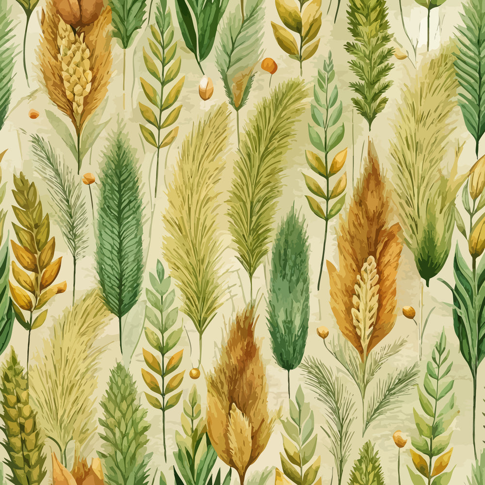 watercolor style, botanical illustration, wheat stalks, grass blades, golden yellow, sage green, cream background, nature pattern, organic shapes, delicate foliage, harvest theme, neutral tones,, fabric panel, flowing grasses, autumn colors, botanical art, seamless repeat, prairie grass, wildflower stems