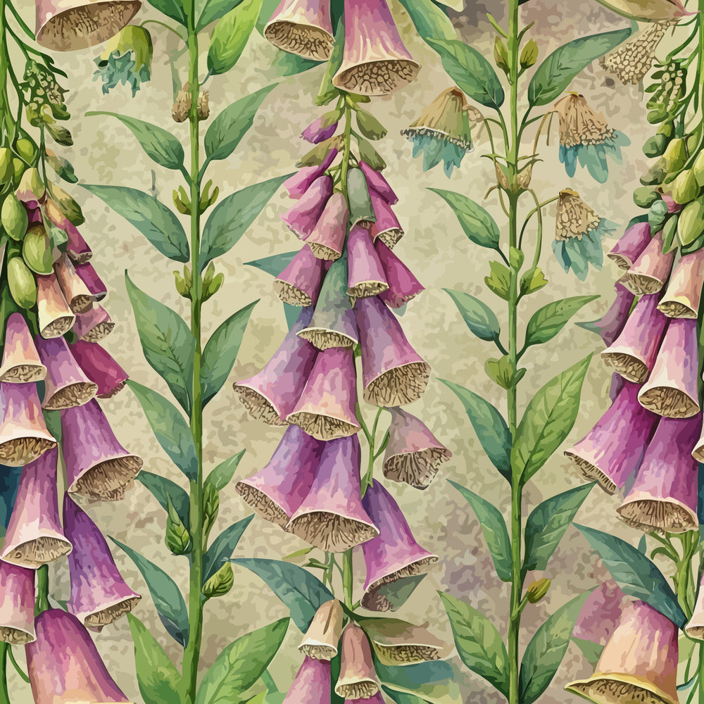 foxgloves, floral pattern, purple flowers, green leaves, botanical illustration, art nouveau style, vintage inspired,, fabric panel, nature motif, bell-shaped blooms, garden flowers, watercolor effect, cream background, textile design, cottage garden, organic shapes, flowing design, botanical print
