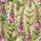 foxgloves, purple flowers, botanical pattern, green leaves, cream background, floral design, art nouveau style,, fabric panel, nature motif, bell-shaped blooms, cottage garden, vintage aesthetic, soft pastels, repeating pattern, wildflowers, herbaceous plants, romantic florals, watercolor effect, spring blooms
