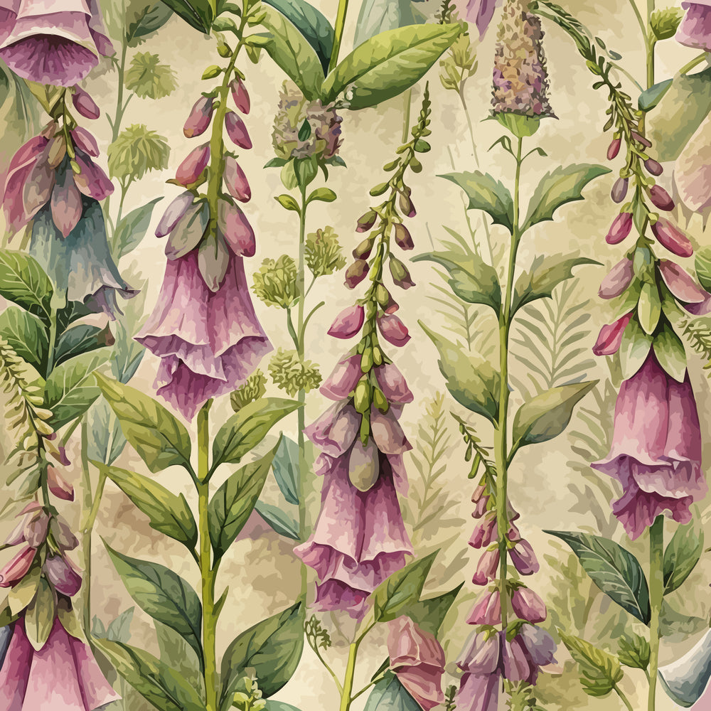 foxgloves, purple flowers, botanical pattern, green leaves, cream background, floral design, art nouveau style,, fabric panel, nature motif, bell-shaped blooms, cottage garden, vintage aesthetic, soft pastels, repeating pattern, wildflowers, herbaceous plants, romantic florals, watercolor effect, spring blooms