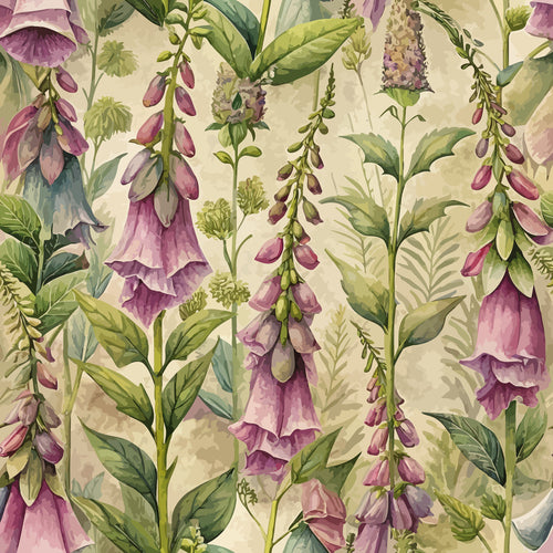 foxgloves, purple flowers, botanical pattern, green leaves, cream background, floral design, art nouveau style,, fabric panel, nature motif, bell-shaped blooms, cottage garden, vintage aesthetic, soft pastels, repeating pattern, wildflowers, herbaceous plants, romantic florals, watercolor effect, spring blooms