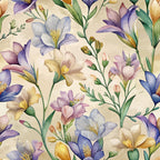 watercolor florals, freesia flowers, purple blooms, lavender petals, cream background, botanical pattern, pastel colors, soft blues, golden yellow, green stems, delicate buds, art nouveau style, organic flowing design, nature motif,, fabric panel, spring flowers, feminine aesthetic, romantic florals, seamless repeat