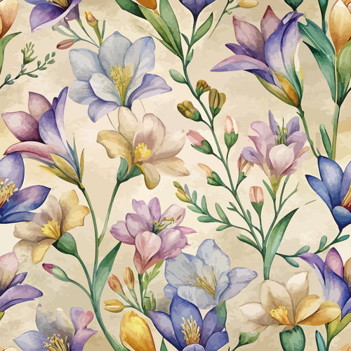 watercolor florals, freesia flowers, purple blooms, lavender petals, cream background, botanical pattern, pastel colors, soft blues, golden yellow, green stems, delicate buds, art nouveau style, organic flowing design, nature motif,, fabric panel, spring flowers, feminine aesthetic, romantic florals, seamless repeat