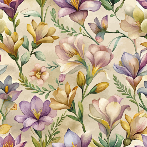 freesia blossoms, purple flowers, cream background, botanical pattern, watercolor style, art nouveau, floral design,, fabric panel, lilac petals, green foliage, yellow stamens, delicate blooms, spring flowers, soft pastels, repeating pattern, nature motif, elegant florals, vintage inspired