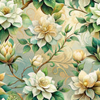 cream, sage green, ivory, golden yellow, gardenias, magnolias, floral pattern, botanical design, flowing vines, layered petals, art nouveau style, organic curves, elegant blooms,, fabric panel, nature motif, soft pastels, romantic florals, decorative swirls, seamless pattern
