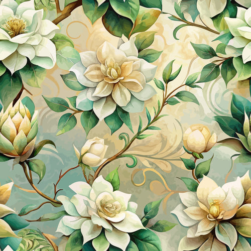 cream, sage green, ivory, golden yellow, gardenias, magnolias, floral pattern, botanical design, flowing vines, layered petals, art nouveau style, organic curves, elegant blooms,, fabric panel, nature motif, soft pastels, romantic florals, decorative swirls, seamless pattern