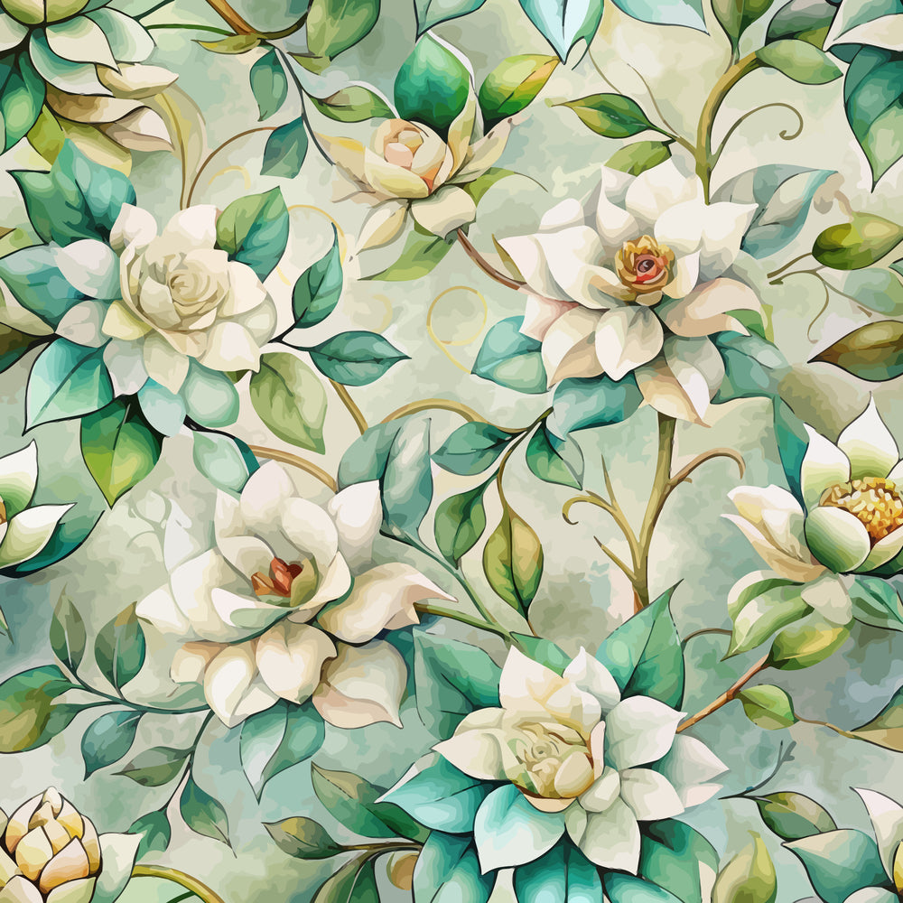 cream, ivory, sage green, teal, mint green, gardenia flowers, botanical pattern, art nouveau style, floral design, flowing vines, organic curves, elegant blooms, white petals, leafy branches, watercolor effect,, fabric panel, nature motif, soft pastels, decorative swirls