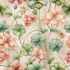 watercolor geraniums, coral flowers, peach blossoms, sage green leaves, botanical pattern, art nouveau style, floral design,, fabric panel, delicate florals, soft pastels, vintage botanical, garden flowers, flowing stems, romantic floral, peachy pink, muted greens, nature inspired, flowing pattern