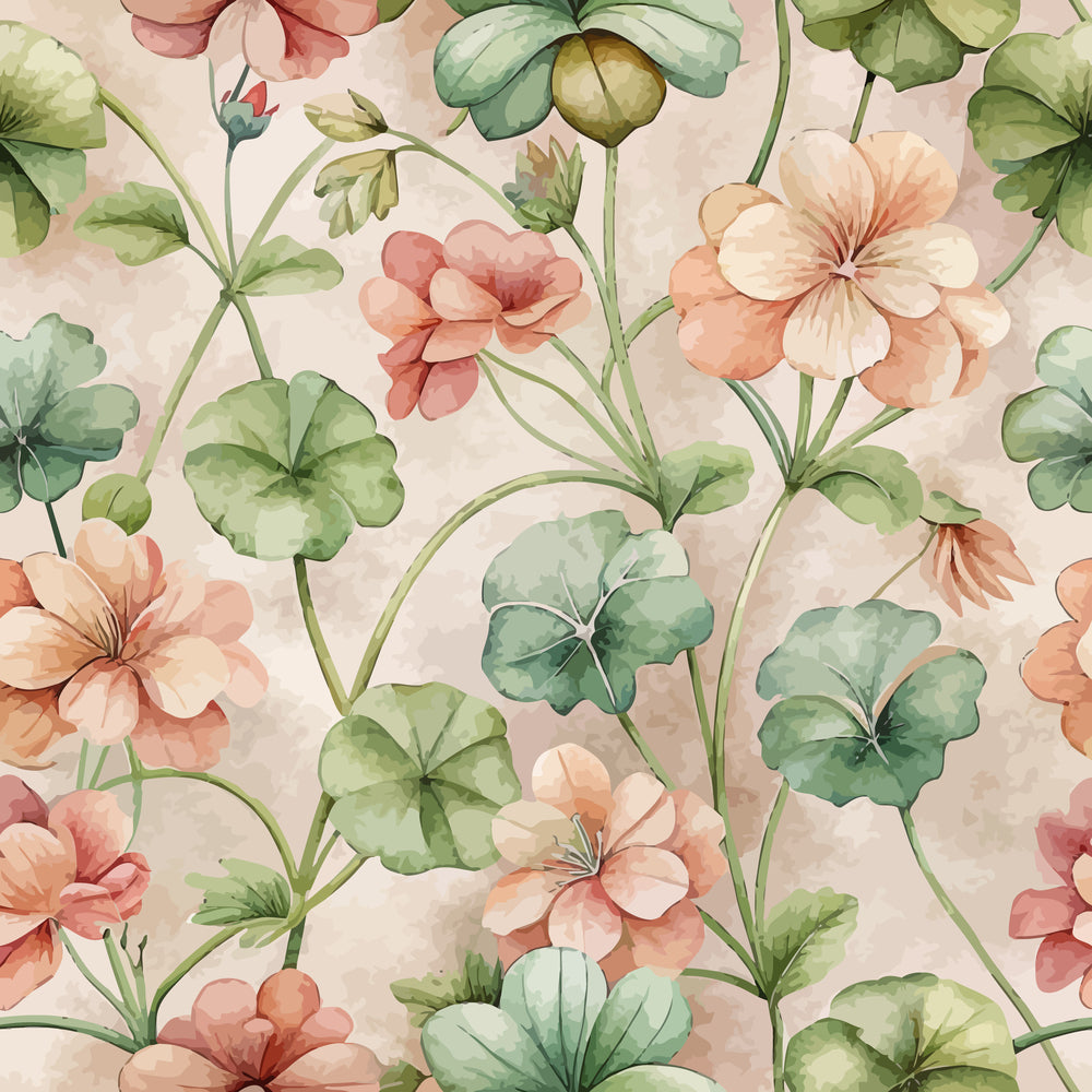 watercolor geraniums, coral flowers, peach blossoms, sage green leaves, botanical pattern, art nouveau style, floral design,, fabric panel, delicate florals, soft pastels, vintage botanical, garden flowers, flowing stems, romantic floral, peachy pink, muted greens, nature inspired, flowing pattern